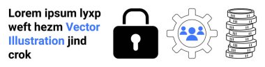 Güvenliği temsil eden kilit, takım çalışmasını sembolize eden kullanıcılarla teçhizat ve finansal verileri simgeleyen para yığını. Güvenlik, takım çalışması, teknoloji, finans, iş, analiz için ideal basit iniş sayfası