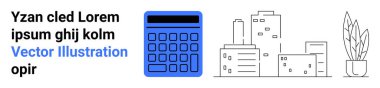 Mavi renkli hesap makinesi, şehir gökdelenleri ve saksı bitkisi. Finans, mimarlık, gayrimenkul, verimlilik, kentsel planlama, ekolojik bilinç için ideal basit iniş sayfası