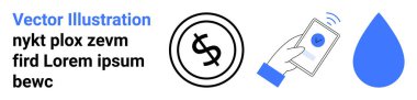 El ele tutuşup ödemeyi onaylayan akıllı telefon, dolar işareti ve su damlası. Fintech, tasarruf, işlemler, uygulama tasarımı, güvenlik, çevre soyut çizgisi düz metaforu için ideal