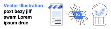 Dijital mağaza önü fa ade, yapay zeka mikroçip ve bitki saplı cam kubbe çevrimiçi iş, teknoloji ve sürdürülebilirliği sembolize ediyor. E-ticaret, yapay zeka, yenilik, çevre teknolojisi için ideal