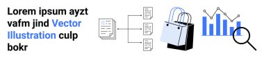 Akış şemasına bağlanan belgeler, e-ticareti sembolize eden alışveriş torbaları, büyüteçle analiz grafiği. Veri yönetimi için ideal, çevrimiçi perakende, analitik, pazarlama, strateji, dijital