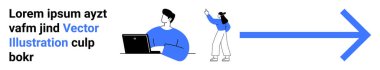 Dizüstü bilgisayar kullanan ve ilerlemeyi sembolize eden mavi bir oka doğru hareket eden biri. Takım çalışması, üretkenlik, yön, strateji, yenilik, işbirliği, basit iniş sayfası için ideal