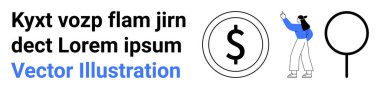 Dolar madeni parasına ve büyüteçlere işaret eden kadın, değeri, araştırmaları ve finansal konuları vurguluyor. Finans, ekonomi, arama, odaklanma ve basit iniş sayfaları için ideal