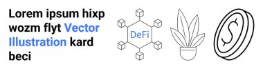 Kavramsal engelleme ağı sergilenen DeFi, minimalist bozuk para sembolü ve saksı bitkisi. Teknoloji, finans, kripto para birimi, yenilik, çevre bilinci temaları, yatırım düz iniş sayfası için ideal
