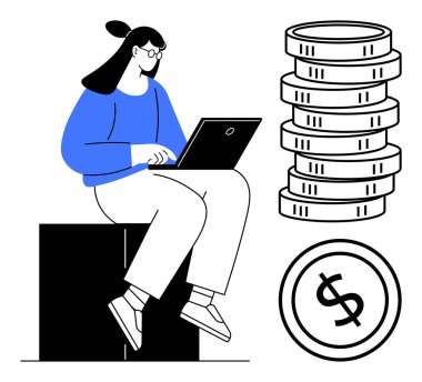 Dizüstü bilgisayarı bozuk para yığınlarının ve dolar işaretlerinin yanında oturan kişi teknolojiyi, kişisel finansmanı, tasarrufu, yatırımı, uzaktan çalışmayı, dijital ekonomiyi, çevrimiçi işi ön plana çıkarıyor. Düz basit metafor için ideal