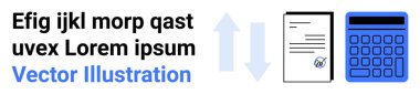 Bir belgeyi kontrol işareti ve hesap makinesine bağlayan mavi oklar, veri değişimi, hesaplama veya finansal iş akışını gösteriyor. İş, yönetim, finans, muhasebe, veri paylaşımı için ideal