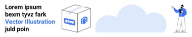Etiketli bir kutunun yanındaki bulut grafiğini gösteren adam araç veya depolama araçlarını öneriyor. Teknoloji, bulut hesaplama, depolama, veri transferi, sunumlar, analizler, basit iniş sayfası için ideal