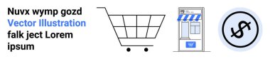 Alışveriş arabası, tenteli vitrin ve dairenin içinde dolar işareti. E-ticaret, perakende, çevrimiçi alışveriş, satış, ödeme sistemleri, küçük işletmeler ve basit iniş sayfaları için ideal