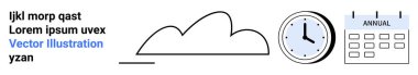 Bulut şekli, saat ve kalın etiketli takvim. Zaman yönetimi, zamanlama, organizasyon, bulut verileri, üretkenlik, dijital araçlar ve basit iniş sayfası için ideal