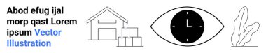 Yığınlanmış kutuları olan bir depo, zamanı ve görüşü simgeleyen bir göz içindeki saat, soyut bitki taslağı. Lojistik, üretkenlik, vizyon, minimalizm, doğa temaları, yaratıcılık için ideal basit iniş