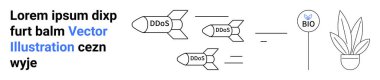 DDoS etiketli füzeler bir bitkinin yanındaki biyo-kalkan sembolüne doğru uçuyor. Siber güvenlik için ideal, doğa teknolojiye karşı koruma, sürdürülebilirlik, dayanıklılık, ağ savunması, düz iniş sayfası afişi