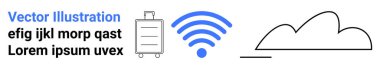 Seyahat çantası, kablosuz sinyal simgesi ve dijital bağlantıyı, veri paylaşımını ve hareketliliği temsil eden bulut resmi. Seyahat, teknoloji, bulut hizmetleri, uzaktan çalışma dijital güvenlik için ideal