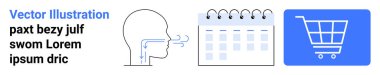 İnsan nefes alma süreci diyagramı, aylık takvim defteri ve temiz düz dizaynlı alışveriş arabası ikonu. Sağlık eğitimi, randevular, programlama, planlama, çevrimiçi alışveriş, e-ticaret için ideal
