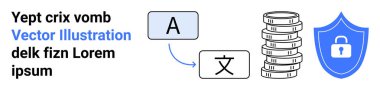 Metin sembolleriyle gösterilen harf çevirisi, dijital para birimini temsil eden istiflenmiş paralar ve korunma için bir güvenlik kalkanı. Finans, güvenlik, teknoloji, çeviri, fintech, veri için ideal