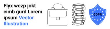GDPR, bozuk para yığını ve evrak çantalı kalkan. Veri güvenliği, uyum, iş, gizlilik yasası, fintech, yönetmelik uygulamaları için ideal