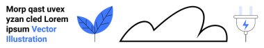 Mavi yaprak, minimalist bulut çizgisi ve yıldırımlı elektrik prizi çevre dostu enerjiyi betimliyor. Ekoloji, sürdürülebilirlik, yenilenebilir kaynak, yeşil teknoloji, temiz enerji, çevre