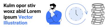 Derin düşüncelere sahip bir adam, zamanı sembolize eden bir okla saat, ve maddi büyümeyi gösteren madeni paralar. İş, finans, zaman yönetimi, tasarruf, yatırım, basit bir iniş sayfası planlamak için ideal
