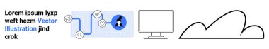 Akış çizelgesi elementleri, kullanıcı profili simgesi, masaüstü monitörü ve bir bulut çizgisi. Takım çalışması, teknoloji, bulut hesaplama, dijital çözümler, kullanıcı arayüzü iş akışı tasarımı için ideal basit