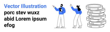 Sıradan kıyafetler giymiş iki insan ileriyi göstererek fikirleri tartışıyor, bozuk para yığınının yanında duruyorlar. İş, finans, takım çalışması, yatırım, strateji, işbirliği, basit iniş sayfası için ideal