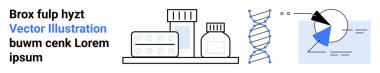 İlaç şişeleri, haplar, DNA sarmalları ve görselleştirme verileri. Sağlık, biyoteknoloji, araştırma, eczane, genetik çalışmalar için ideal basit iniş sayfası