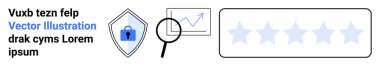 Kilitli bir kalkan, grafiğin üzerinde büyüteç ve yıldız derecesi. Siber güvenlik, analiz, geri bildirim, araştırma, çevrimiçi güvenlik, iş gözden geçirme veri koruması düz iniş sayfası afişi için idealdir