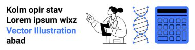 DNA sarmalında, bilim ve analizi birleştiren bir hesap makinesinin yanındaki pano noktalarına sahip kadın bilim adamı. Genetik, biyoteknoloji, araştırma, öğrenme, eğitim, laboratuvar araçları için ideal