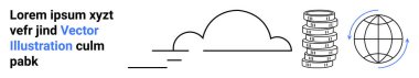 Bulut, sunucu yığını ve oklu küre veri senkronizasyonunu temsil ediyor. Bulut hesaplama, veri yönetimi, teknoloji, ağ oluşturma, küreselleşme, teknoloji danışmanlığı basit iniş sayfası için ideal