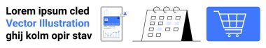 Analizli akıllı telefon, masa takvimi ve alışveriş arabası. Üretkenlik, iş planlaması, programlama, e-ticaret, veri analizi, alışveriş deneyimi için ideal