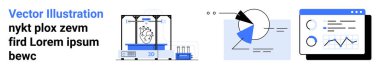 3D yazıcı bir tasarım yaratıyor, istatistikli pasta grafiği, ve çizelgeli analitik panel. Teknoloji, imalat, yenilik, analiz, sunum, eğitim için ideal basit iniş sayfası