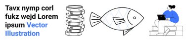 Basamaklarda dizüstü bilgisayar kullanan bir kadın, madeni parayı simgeleyen bir yığın para ve doğayı temsil eden bir balık. Eğitim, finans, teknoloji, yenilik, yaratıcılık, doğa sade iniş için ideal