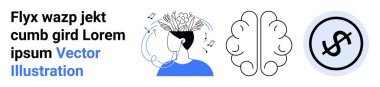 Kafasından müzik ve fikirler çıkan kişi, sembolik beyin çizgisi, dolar parası. Yaratıcılık, bilgi, finans, yenilik, eğitim, girişim teknolojisi için ideal basit iniş sayfası