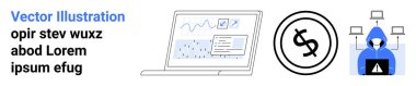 Veri analizi için dizüstü bilgisayardaki grafikler, finans için dolar simgesi ve bağlı aygıtlar için hacker uyarısı. Siber güvenlik, analitik, finans kesintileri, dolandırıcılığı önleme, hackleme, dijital