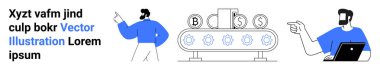 Şifreli para, finans, engelleme zinciri, finans, fintech, takım çalışması, yenilikçi düz iniş sayfası afişi olarak etiketlenmiş sikkeleri gösteren engelleme zinciri konveyör sistemiyle etkileşime geçen iki kişi.