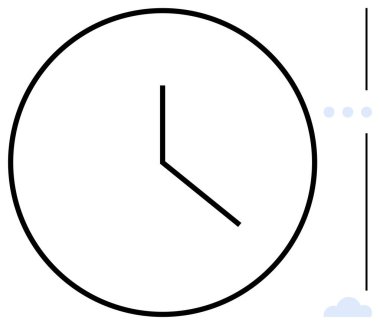 İki eli olan siyah saat yüzlü, noktalı dikey zaman çizgisi ve bulut simgesi. Zaman yönetimi, organizasyon, odaklanma, üretkenlik, programlar, hatırlatıcılar için ideal, düz basit metafor