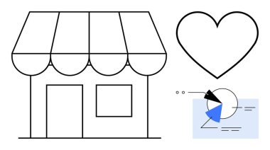 Çizgili güneşlikli vitrin, müşteri sadakati için kalp şekli, pasta dilimleri ve oklarla analitik çizelge. İş, büyüme, müşteri bakımı, veri, başarı, pazarlama girişimciliği için ideal