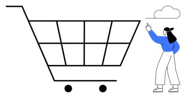 Kadın, arkasında bulut olan, tekerlekli, büyük, basit bir alışveriş arabasına doğru hareket ediyor. Perakende, alışveriş, tüketici davranışı, e-ticaret, minimalizm, pazarlama için ideal