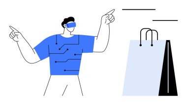 VR kulaklık takan kişi alışveriş çantasının yanındaki fütüristik dijital arayüzle etkileşime giriyor. Teknoloji, perakende yenilik, e-ticaret, sanal deneyim, alışveriş eğilimleri, kullanıcı etkileşimi için ideal