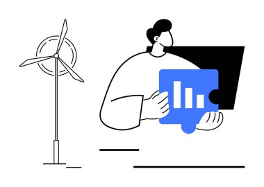 Rüzgar türbininin yakınındaki büyüme grafiğinde analitik yapboz parçaları tutan kişi, yenilenebilir enerji ve veri güdümlü yeniliği temsil ediyor. Sürdürülebilirlik, iş analizleri ve strateji için ideal