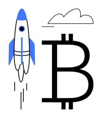 Roket arka planda bulut, yenilik, büyüme ve finansmanı simgeleyen Bitcoin işaretinin yanında havalanıyor. Kripto para birimi, teknoloji, yatırım, piyasa eğilimleri ve ilerleme düzeyi için ideal