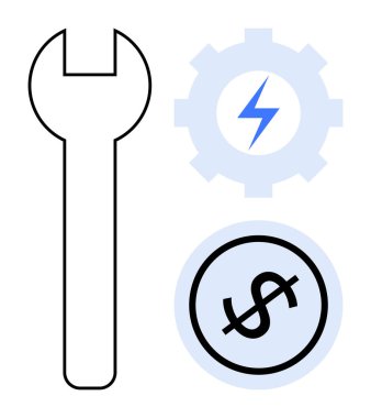 Vites simgesi ve dolar daireli anahtar onarım, enerji optimizasyonu ve bütçe kontrolü. Teknoloji, mühendislik, ekonomi, maliyet verimliliği, hizmetler, sürdürülebilirlik için ideal