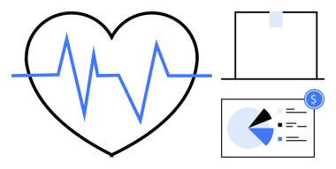 Kalp atışı, dizüstü bilgisayar, pasta grafiği ve dolar işareti. Sağlık, teknoloji, analitik, teletıp sağlık sektörünün finansmanı için ideal modern tanı. Düz basit metafor