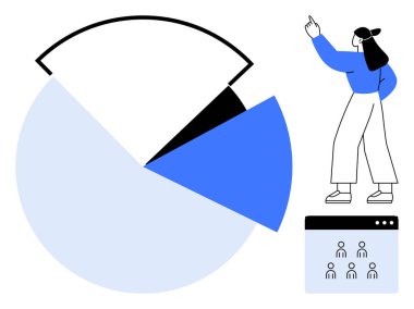 Bir kadın, iletişim panelinde takım simgeleri olan bir bölümü işaret ederken segmentli pasta grafiğini açıklıyor. Analiz, takım çalışması, veri çalışması, sunum, işbirliği için ideal