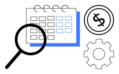 Analiz için takvim yakınında büyüteç, bütçeye odaklanmak için dolar sikke, strateji için teçhizat. Zaman yönetimi, mali planlama, süreç optimizasyonu, zamanlaması, verimliliği, iş akışı için ideal