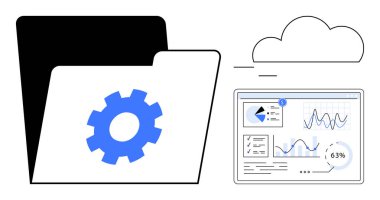 Yapılandırma ve dosya yönetimini temsil eden dişli sembollü dizin, çizelgeleri gösteren veri analizi paneli, bulut ögesi. Veri depolama, analitik, bulut hesaplama, iş araçları için ideal