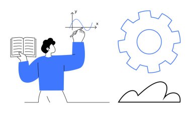 Bireysel çalışma matematiksel grafik, açık bir kitap, büyük çark optimizasyon sürecini temsil ediyor, asgari bulut elementi. Eğitim, analiz, öğrenme, strateji, matematik için ideal