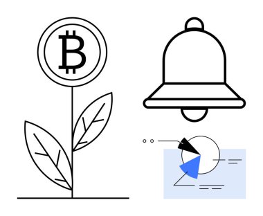 Bitkinin büyümeyi temsil eden sembolü, bildirim çanı, oklu finansal tablo. Kripto para birimi, yatırımlar, hatırlatıcılar, ekonomi, büyüme stratejisi, finansal uyarılar için ideal