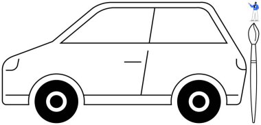 Tekerlekler siyah çizilmiş, boya fırçası ve küçük bir figürle eşleştirilmiş. Otomotiv, yaratıcılık, tasarım, kişiselleştirme, sanat, yenilik, kişiselleştirme, düz basit