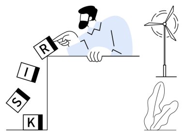 Düşen engelleri dikkatlice düzenleyen adam riski kodluyor, yönetim ve stratejiyi sembolize ediyor. Rüzgar türbini yenilenebilir enerjiyi sembolize eder. Sürdürülebilirlik, risk yönetimi ve enerji için ideal
