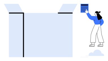 Kadın hesap makinesiyle açık kutunun yanında etkileşime geçiyor. Yaratıcılık, planlama ve yenilik öneriyor. Lojistik, organizasyon, finans, takım çalışması, problem çözme, üretkenlik dairesi için ideal basit