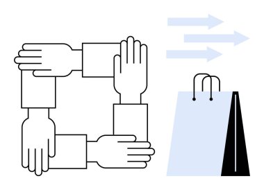 Alışveriş torbası ve okların yanında birleşmeyi sembolize eden bir kare oluşturan dört el e-ticaret akışını işaret ediyor. Takım çalışması, çevrimiçi alışveriş, lojistik, işbirliği, ortaklık, ticaret için ideal